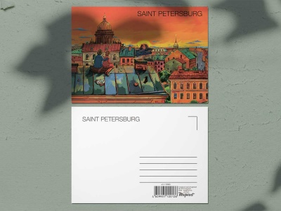 Почтовая открытка «Крыши Петербурга, вид на Исаакиевский собор на закате», Петербург