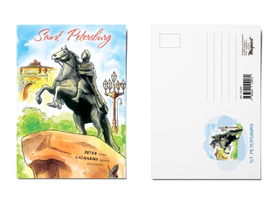 Почтовая открытка «Медный всадник», Петербург, Акварель