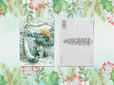 Почтовая открытка «Гномик и снегири»