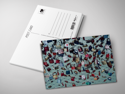 Почтовая открытка «Замочки влюбленных на заборе»