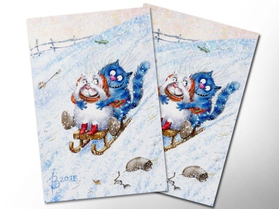 Почтовая открытка «Зимушка 3», синие коты, Ирина Зенюк