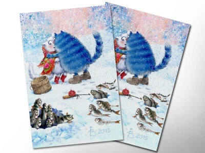 Почтовая открытка «Зимушка 5», синие коты, Ирина Зенюк
