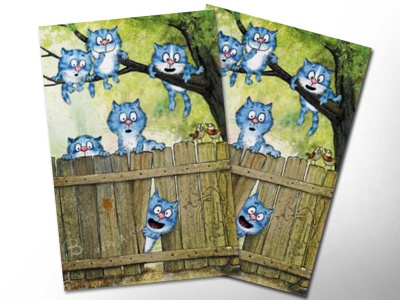 Почтовая открытка «На заборе», синие коты, Ирина Зенюк