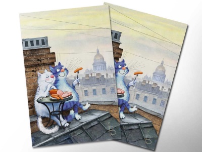 Почтовая открытка «Романтический ужин», синие коты, Ирина Зенюк