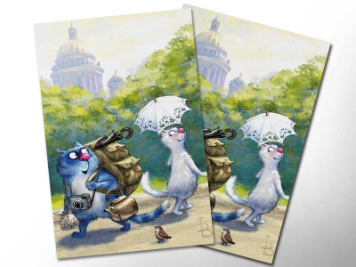 Почтовая открытка «Кототурист», синие коты, Ирина Зенюк