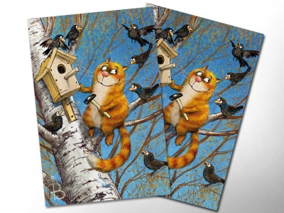 Почтовая открытка «Птицелюб», синие коты, Ирина Зенюк