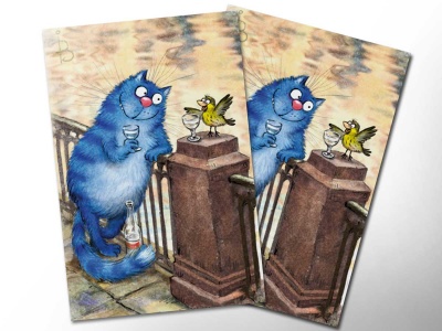 Почтовая открытка «Чижик-Пыжик», синие коты, Ирина Зенюк