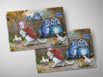 Почтовая открытка «Сплетни», синие коты, Ирина Зенюк