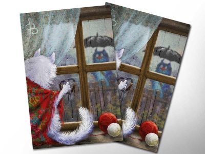 Почтовая открытка «Сбегают капли по стеклу», синие коты, Ирина Зенюк