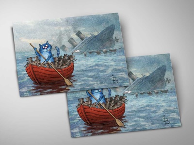 Почтовая открытка «Титаник», синие коты, Ирина Зенюк