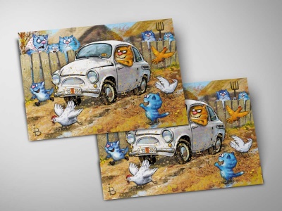 Почтовая открытка «За рулём», синие коты, Ирина Зенюк