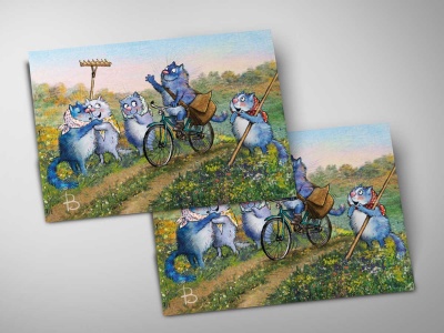 Почтовая открытка «Первый парень», синие коты, Ирина Зенюк