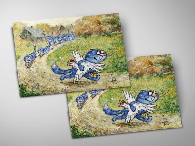 Почтовая открытка «Погоня», синие коты, Ирина Зенюк