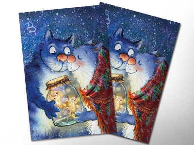 Почтовая открытка «Подарок», синие коты, Ирина Зенюк