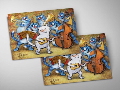 Почтовая открытка «В джазе только котики 3», синие коты, Ирина Зенюк