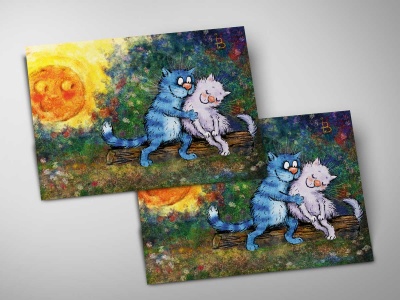 Почтовая открытка «Однажды на закате», синие коты, Ирина Зенюк