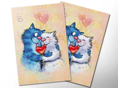 Почтовая открытка «14 февраля», синие коты, Ирина Зенюк