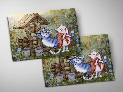 Почтовая открытка «У колодца», синие коты, Ирина Зенюк