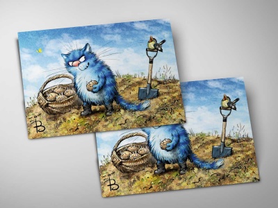 Почтовая открытка «Картошка», синие коты, Ирина Зенюк