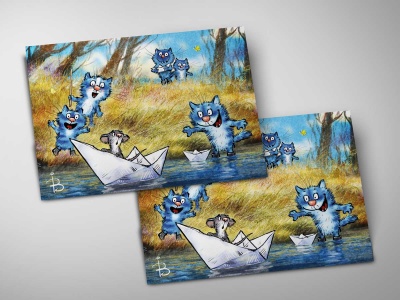 Почтовая открытка «Кораблики», синие коты, Ирина Зенюк