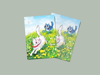 Почтовая открытка «Догони 1», синие коты, Ирина Зенюк