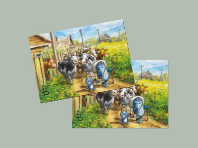 Почтовая открытка «Утро», синие коты, Ирина Зенюк