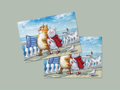 Почтовая открытка «Бархатный сезон», синие коты, Ирина Зенюк