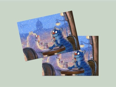 Почтовая открытка «Зингер», синие коты, Ирина Зенюк