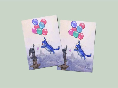 Почтовая открытка «Шарики», синие коты, Ирина Зенюк